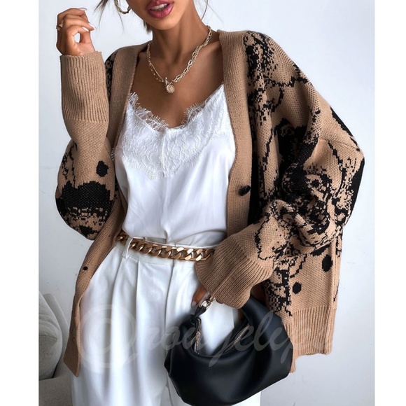 Rouge! | Sweaters | Brown Abstract Print Oversized Button Up Cardigan ...